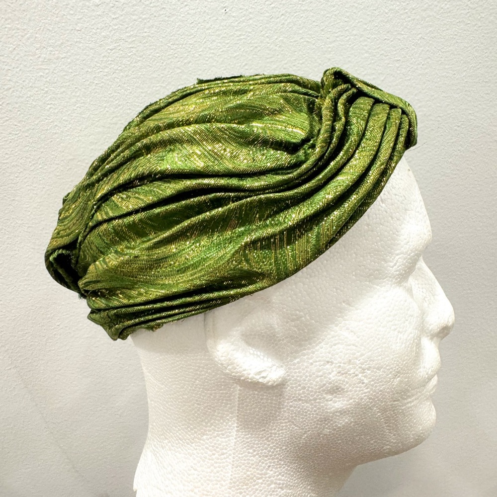 Jean Sutton fashion turban green gold metallic crinckled rare vintage